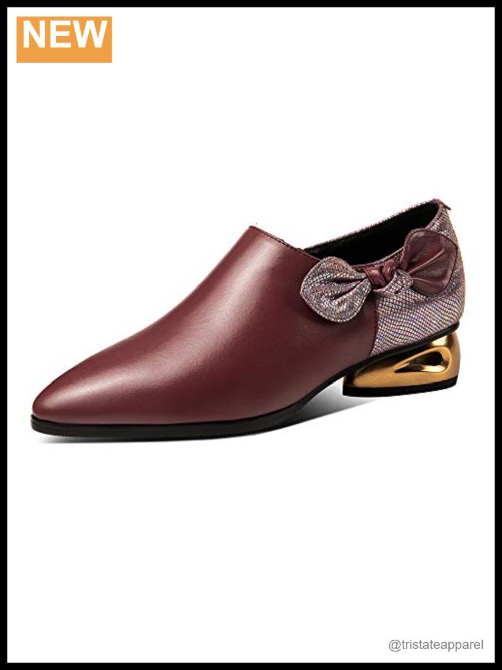 Genuine Leather Pointed Toe Low Chunky Heel Zip Up Bow Pump
